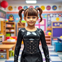 A full-figure view of a school girl with short hair styled in pigtails, standing confidently in a kindergarten setting