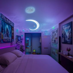 A rejuvenating room with a double bed, a ceiling resembling a moon's surface lit by LEDs, space dedicated to action figures, a wall covered with anime posters, all contributing to a fresh ambience.