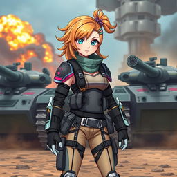 A girl named Candy, a member of the VIPZ Alliance, standing confidently in a war zone surrounded by cool, futuristic tanks