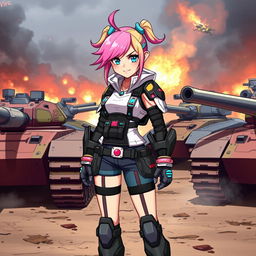 A girl named Candy, a member of the VIPZ Alliance, standing confidently in a war zone surrounded by cool, futuristic tanks