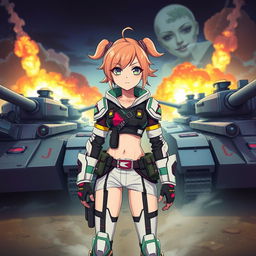 A girl named Candy, a member of the VIPZ Alliance, standing confidently in a war zone surrounded by cool, futuristic tanks