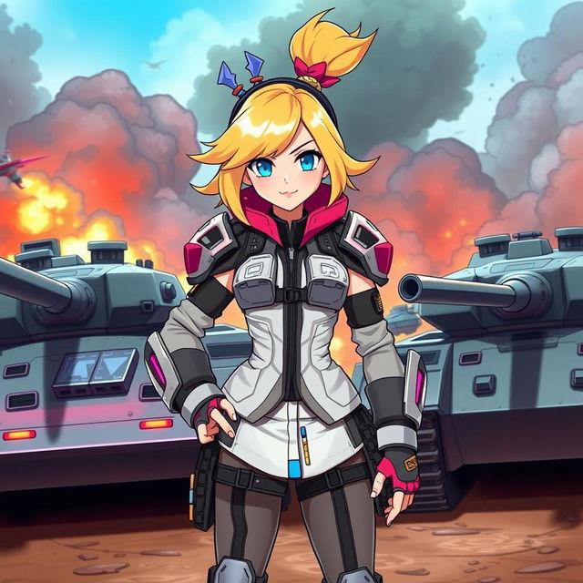 A girl named Candy, a member of the VIPZ Alliance, standing confidently in a war zone surrounded by cool, futuristic tanks