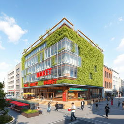 A detailed architectural design proposal for a vibrant urban market situated at a city corner, featuring a modern, eco-friendly structure with large glass facades for natural light