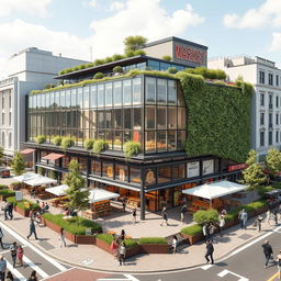 A detailed architectural design proposal for a vibrant urban market situated at a city corner, featuring a modern, eco-friendly structure with large glass facades for natural light