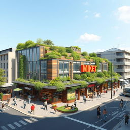 A detailed architectural design proposal for a vibrant urban market situated at a city corner, featuring a modern, eco-friendly structure with large glass facades for natural light