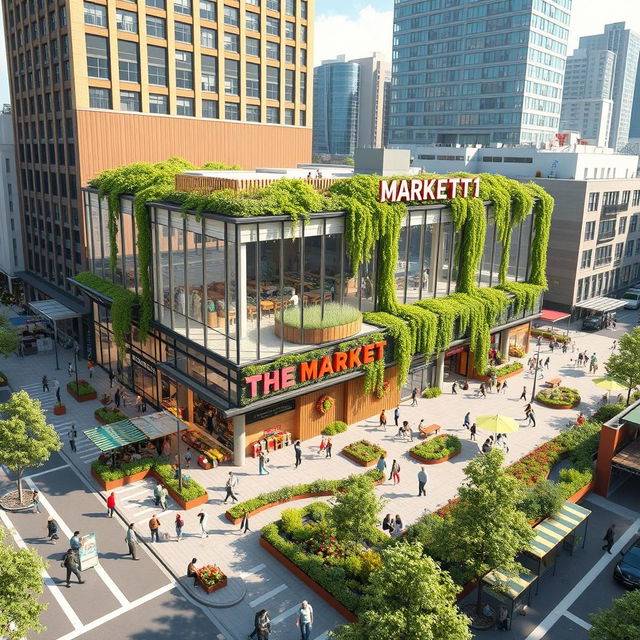 A detailed architectural design proposal for a vibrant urban market situated at a city corner, featuring a modern, eco-friendly structure with large glass facades for natural light