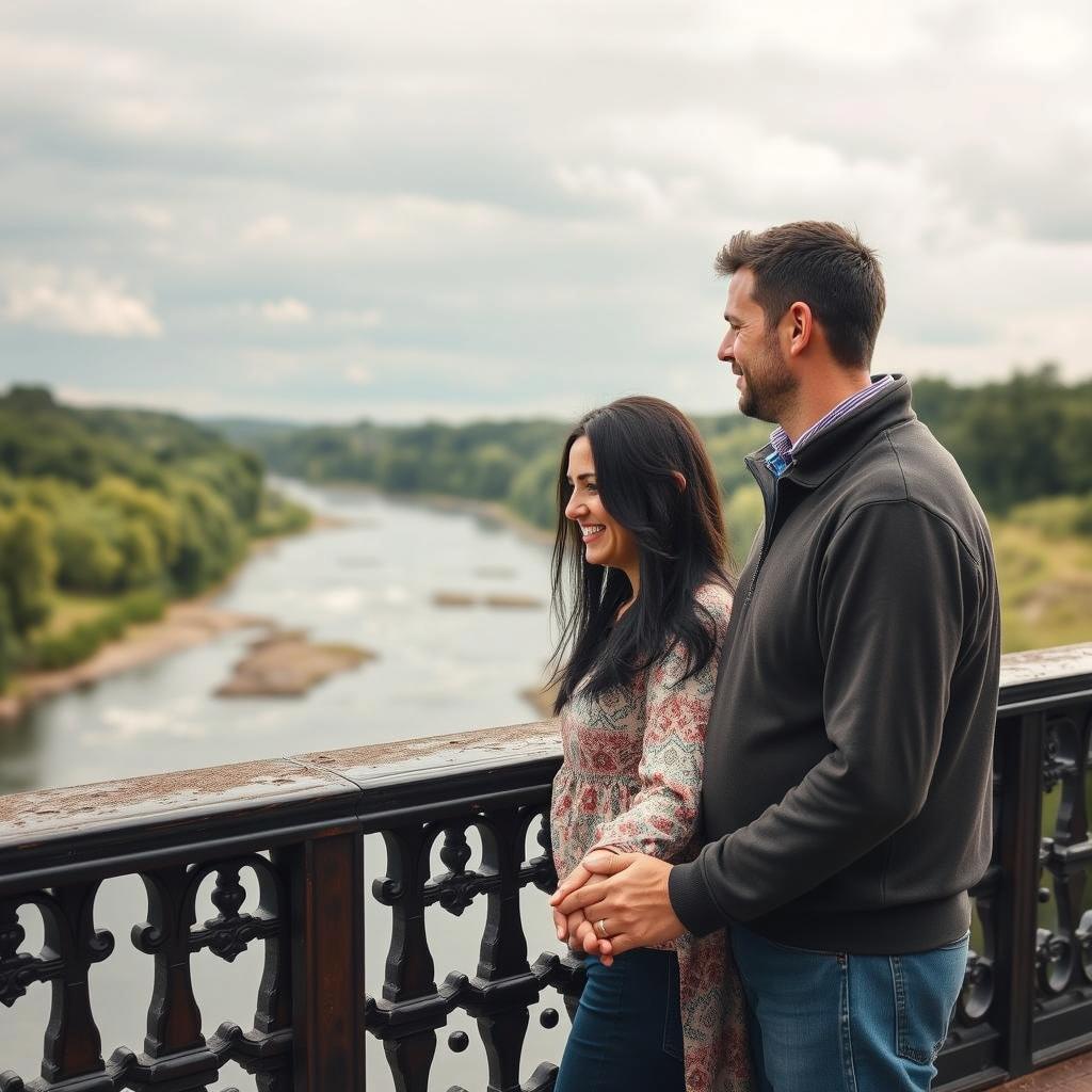 A romantic scene featuring a couple standing on a picturesque balcony overlooking a scenic river landscape