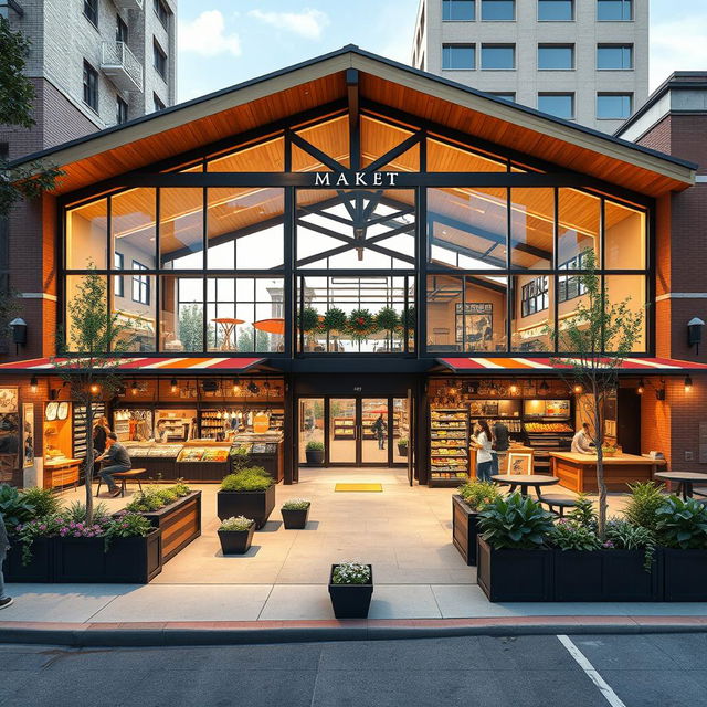 A comprehensive architectural design proposal for a charming market located at a city corner, featuring a contemporary, open-concept structure with a bright and inviting entrance