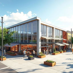A comprehensive architectural design proposal for a charming market located at a city corner, featuring a contemporary, open-concept structure with a bright and inviting entrance