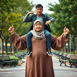 A large Indonesian woman wearing a hijab, a long-sleeved abaya, and fashionable leather boots, flexing her biceps with both arms