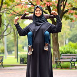 A large Indonesian woman wearing a hijab, a long-sleeved abaya, and fashionable leather boots, flexing her biceps with both arms