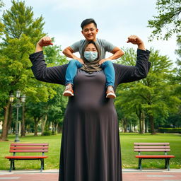A large Indonesian woman wearing a hijab, a long-sleeved abaya, and fashionable leather boots, flexing her biceps with both arms