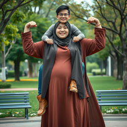 A large Indonesian woman wearing a hijab, a long-sleeved abaya, and fashionable leather boots, flexing her biceps with both arms
