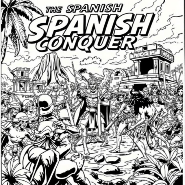 A black and white comic book cover depicting the Spanish conquest, showcasing a dramatic scene of Spanish conquistadors in armor interacting with indigenous people in a dynamic and stylized manner