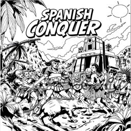 A black and white comic book cover depicting the Spanish conquest, showcasing a dramatic scene of Spanish conquistadors in armor interacting with indigenous people in a dynamic and stylized manner