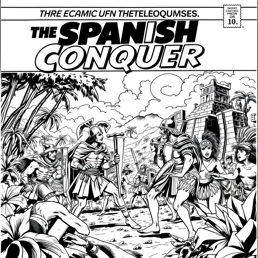 A black and white comic book cover depicting the Spanish conquest, showcasing a dramatic scene of Spanish conquistadors in armor interacting with indigenous people in a dynamic and stylized manner