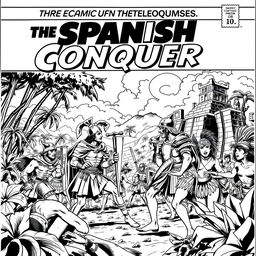 A black and white comic book cover depicting the Spanish conquest, showcasing a dramatic scene of Spanish conquistadors in armor interacting with indigenous people in a dynamic and stylized manner