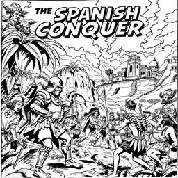 A black and white comic book cover depicting the Spanish conquest, showcasing a dramatic scene of Spanish conquistadors in armor interacting with indigenous people in a dynamic and stylized manner