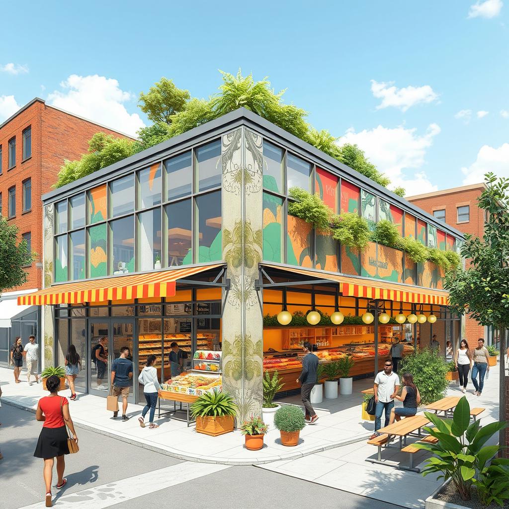 Architectural design of a vibrant corner market featuring large glass windows, colorful awnings, and a spacious outdoor seating area