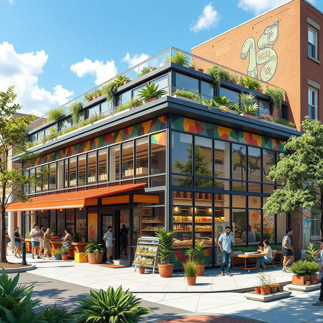 Architectural design of a vibrant corner market featuring large glass windows, colorful awnings, and a spacious outdoor seating area