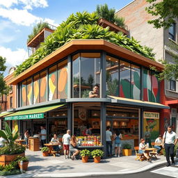 Architectural design of a vibrant corner market featuring large glass windows, colorful awnings, and a spacious outdoor seating area