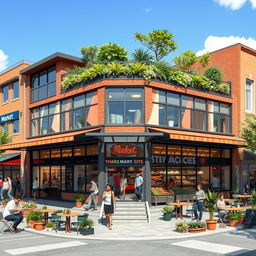 Architectural design of a vibrant corner market featuring large glass windows, colorful awnings, and a spacious outdoor seating area
