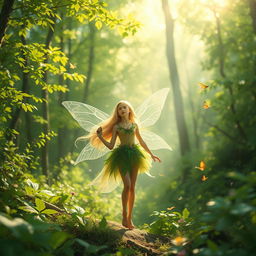 A serene and enchanting forest setting, filled with vibrant green foliage and soft sunlight filtering through the trees