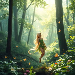 A serene and enchanting forest setting, filled with vibrant green foliage and soft sunlight filtering through the trees