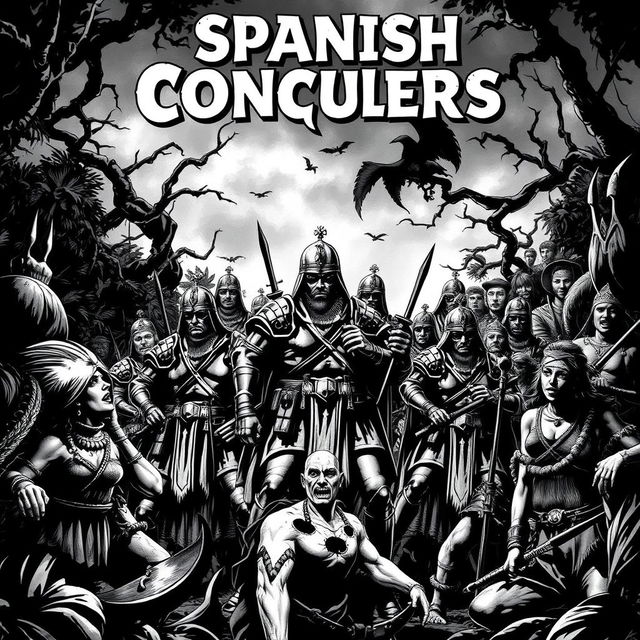 A dark and moody black and white comic book cover illustrating the Spanish conquest, featuring ominous shadows and stark contrasts