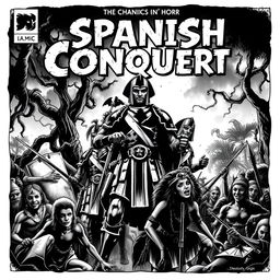 A dark and moody black and white comic book cover illustrating the Spanish conquest, featuring ominous shadows and stark contrasts