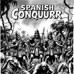 A dark and moody black and white comic book cover illustrating the Spanish conquest, featuring ominous shadows and stark contrasts