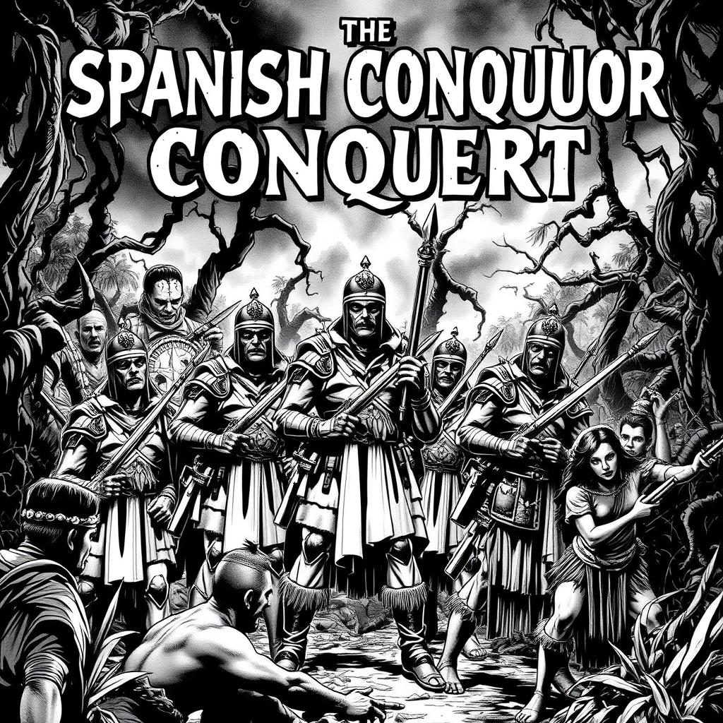 A dark and moody black and white comic book cover illustrating the Spanish conquest, featuring ominous shadows and stark contrasts