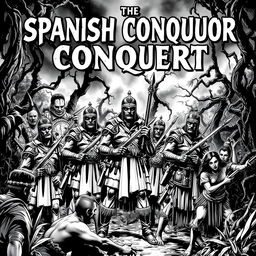 A dark and moody black and white comic book cover illustrating the Spanish conquest, featuring ominous shadows and stark contrasts