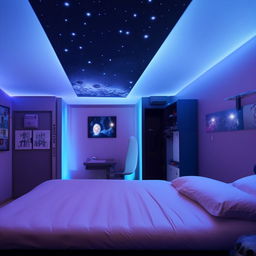 A rejuvenating room with a double bed, a ceiling resembling a moon's surface lit by LEDs, space dedicated to action figures, a wall covered with anime posters, all contributing to a fresh ambience.