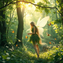 A serene and enchanting forest setting, filled with vibrant green foliage and soft sunlight filtering through the trees