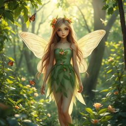 A serene and enchanting forest setting, filled with vibrant green foliage and soft sunlight filtering through the trees