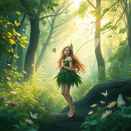 A serene and enchanting forest setting, filled with vibrant green foliage and soft sunlight filtering through the trees