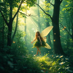 A serene and enchanting forest setting, filled with vibrant green foliage and soft sunlight filtering through the trees