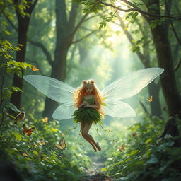A serene and enchanting forest setting, filled with vibrant green foliage and soft sunlight filtering through the trees