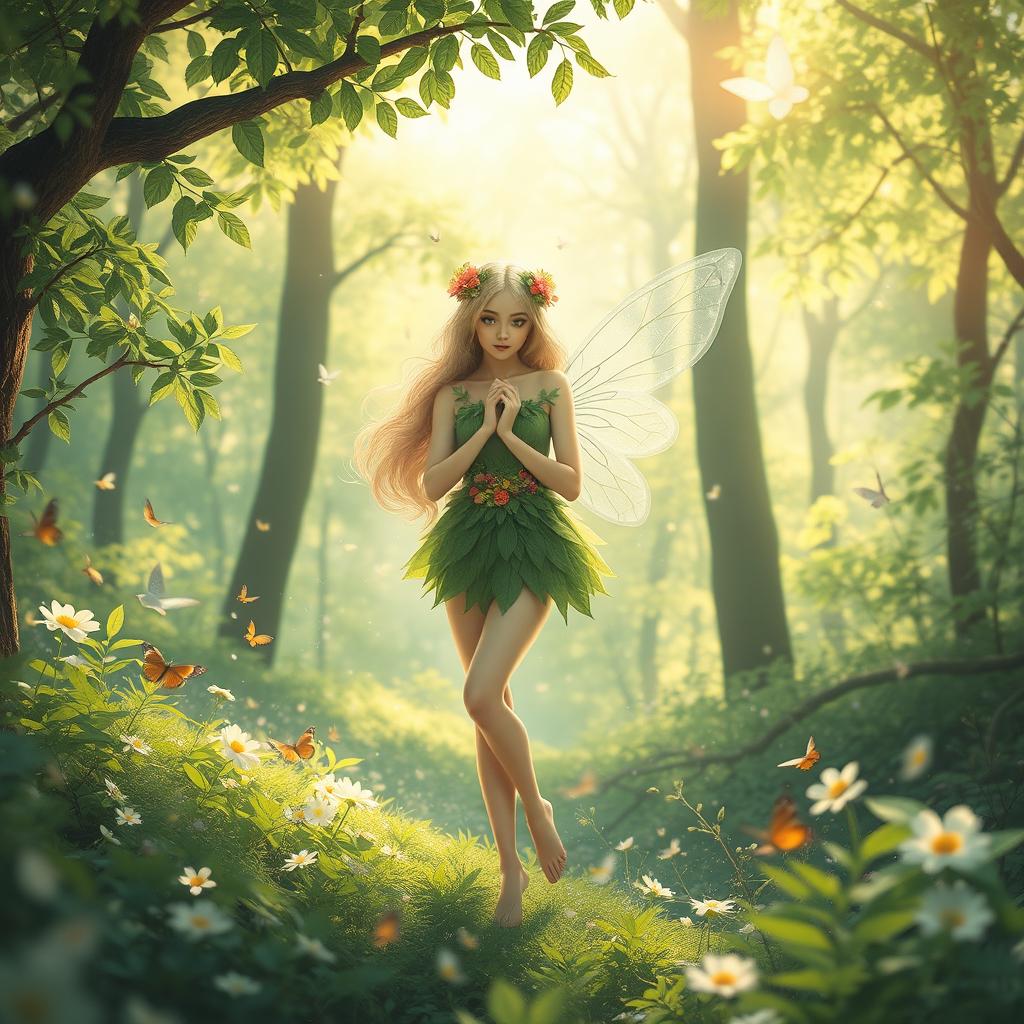 A serene and enchanting forest setting, filled with vibrant green foliage and soft sunlight filtering through the trees