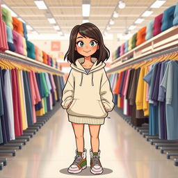 A beautiful cartoon model wearing a loose-fitting, oversized sweater, a stylish hoodie, and trendy sneakers