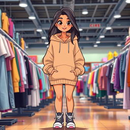 A beautiful cartoon model wearing a loose-fitting, oversized sweater, a stylish hoodie, and trendy sneakers