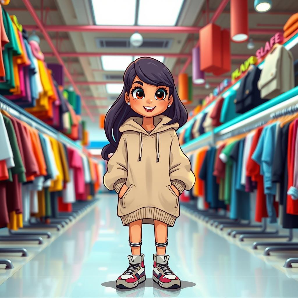 A beautiful cartoon model wearing a loose-fitting, oversized sweater, a stylish hoodie, and trendy sneakers