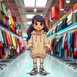 A beautiful cartoon model wearing a loose-fitting, oversized sweater, a stylish hoodie, and trendy sneakers