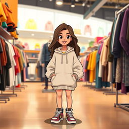 A beautiful cartoon model wearing a loose-fitting, oversized sweater, a stylish hoodie, and trendy sneakers
