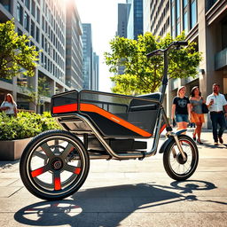 A three-wheeled trolley designed for urban environments, featuring a sleek metal frame, vibrant colors, and spacious cargo area