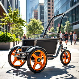 A three-wheeled trolley designed for urban environments, featuring a sleek metal frame, vibrant colors, and spacious cargo area