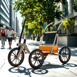 A three-wheeled trolley designed for urban environments, featuring a sleek metal frame, vibrant colors, and spacious cargo area