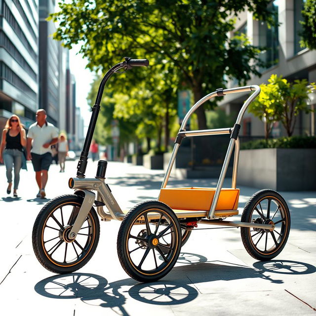 A three-wheeled trolley designed for urban environments, featuring a sleek metal frame, vibrant colors, and spacious cargo area