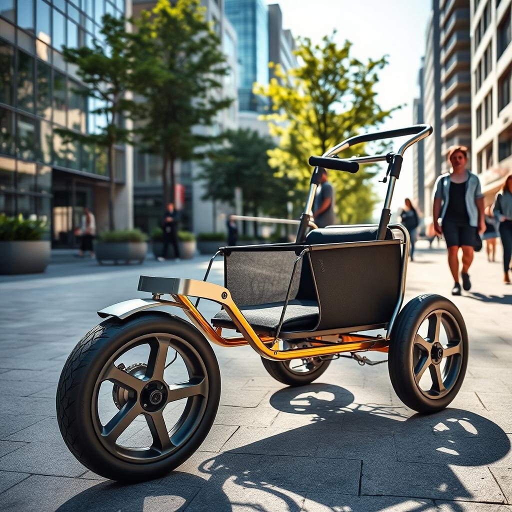 A three-wheeled trolley designed for urban environments, featuring a sleek metal frame, vibrant colors, and spacious cargo area